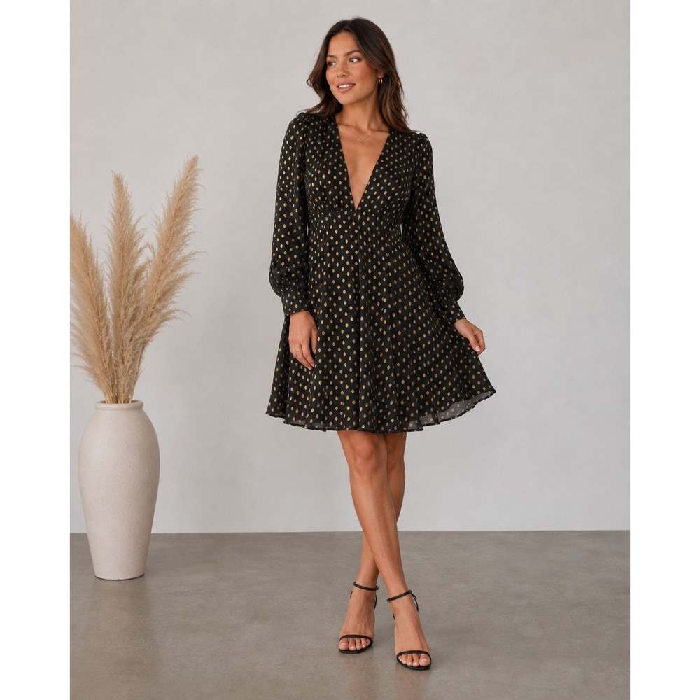 Altar'd State Women's Black Gold Polka Dot Dress Size S Deep V Neck Long Sleeve